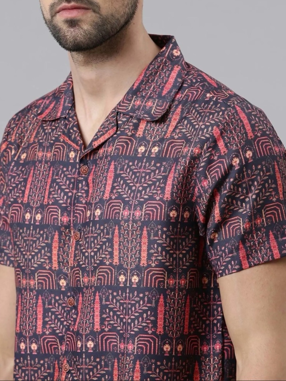 Men's Short-Sleeve Button-Up Shirt - Navy & Coral